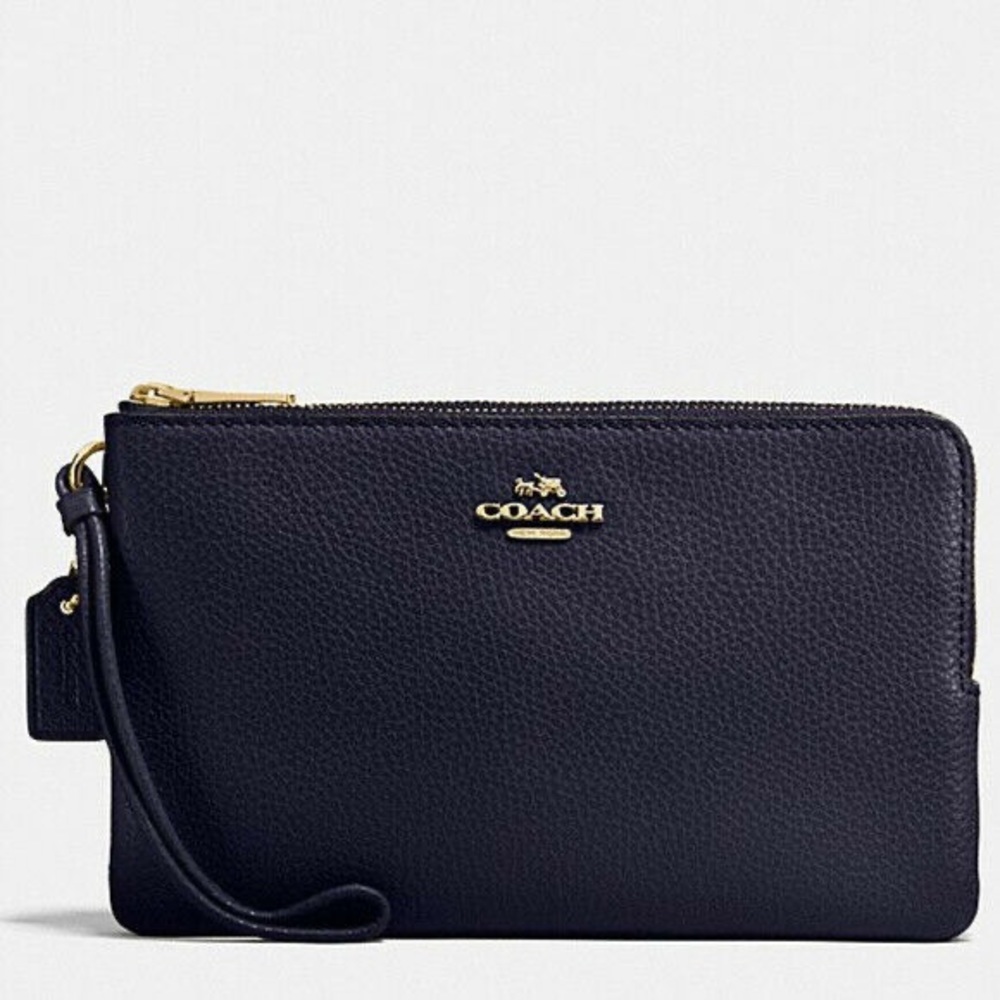 Coach F87587 Pebble Leather Double Zip Wallet Wristlet Midnight NWT